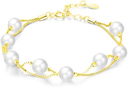 VALLE Swarovski Pearls Bracelets for Women 8 Pcs Simulate 6mm Round Yellow Gold Plated Two Layer Box Chain Linked Brass Bracelets