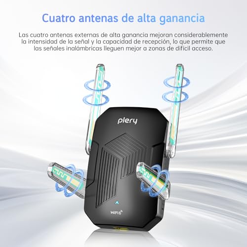 PLERY Repetidor WiFi 6 AX1500, Repetidor WiFi Largo Alcance Doble Banda 5GHz/2.4GHz, Amplificador Señal WiFi con Puerto Ethernet, MU-MIMO, WPS, Amplificador WiFi Compatible con Cualquier Router