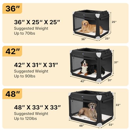 Veehoo Collapsible XL Dog Crate, Portable Travel Soft Dog Crates for Large Dogs up to 90 lbs, 48 Inch Foldable Pet Kennel with 4-Door Mesh Windows for Indoor Outdoor, Black