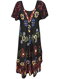 Women's Tank Dresses Black Floral Tie Dye Flare Hem Boho Chic Dress S/M
