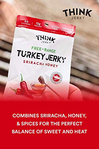 Sriracha Honey Turkey Jerky by Think Jerky - Delicious Chef Crafted Jerky - Free-Range Turkey With No Gluten or Antibiotics Added - Healthy Protein Snack Low in Calories and Fat - 2.2 Ounce (4 Pack)