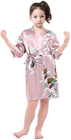 Lilytots Girl's Peacock Floral Satin Kimono Robe Bridal Blossoms Sleepwear Robe For Spa Wedding Party (4, Mauve)