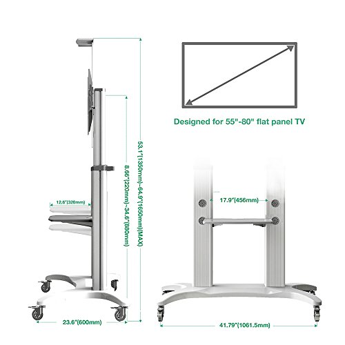North Bayou Mobile TV Cart TV Stand with Wheels for 55 to 80 Inch LCD LED OLED Plasma Flat Panel Screens up to 125lbs AVF1800-70-1P (White)