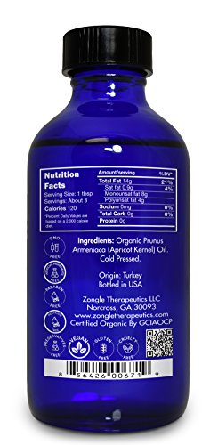 Zongle USDA Certified Organic Apricot Oil, Safe to Ingest, Unrefined Virgin, Cold Pressed, Prunus Armeniaca, 4 oz