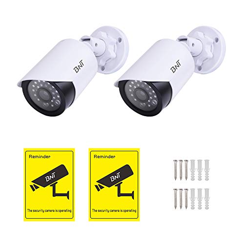 Dummy Security Camera, BNT Fake Security Camera System with One Red LED Light at Night + Bonus Warning Sticker - for Home and Businesses Indoor/Outdoor (2 Pack, White)