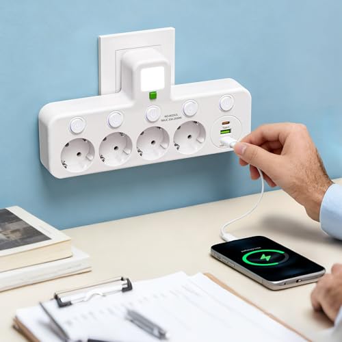 Power Strip with Individual Switch, 4 Sockets with USB and Night Light, 4 Mains Outlets + 1 Type-C + 2 USB Suitable for Home, Office, Phone, Portable