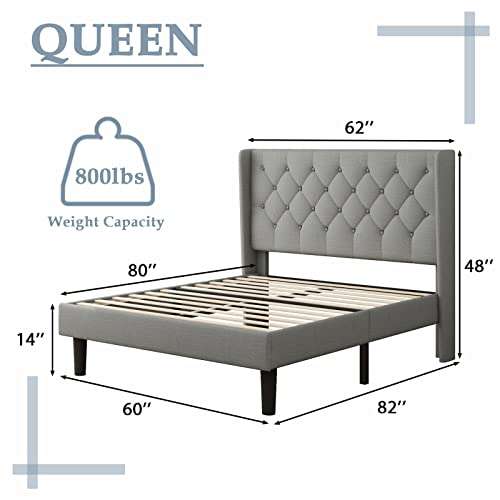 Feonase Upholstered Queen Bed Frame with Wingback, Platform Bed with