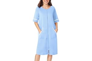 Ekouaer Women Zipper Robe Short Sleeve Duster Housecoat Short Bathrobes Zip Front Nightgown with Pockets S-3XL