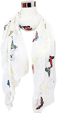 Chiffon/Satin Blend Butterfly Print on White - Silk Long Scarf 22" x 70"