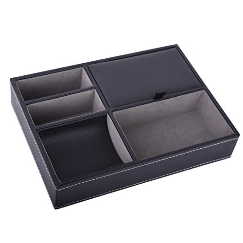 AUTOARK Leather 5 Compartments Valet Tray - Desktop Organizer for Keys,Coins,Wallet,Smartphone,Watches,Sunglasses and Accessories,Black,AW-028