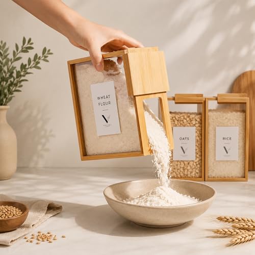 Velora World Bamboo 3L Food Dispenser for Kitchen – Airtight Food Storage Container with Writable Labels, Clear Cereal Dispenser for Rice, Flour, Pasta & Snacks, Space Saving Pantry Organizer