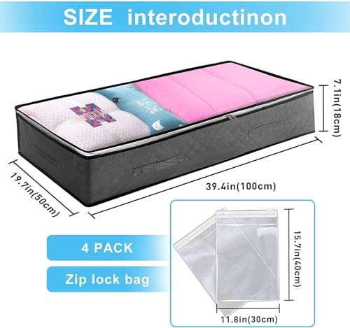 SKY-TOUCH 4PACK Underbed Storage Box, with Zip lock Bags - Under bed Storage Box with PVC Window for Clothes, Duvets, Comforters, Blankets, Bedding, Quilts - 100x50x18cm, Grey 90L
