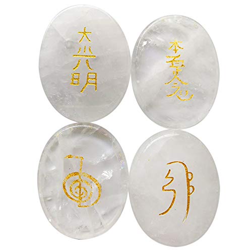 Lovionus89 4 Pcs Rock Quartz Engraved Chakra Stones Healing Crystal Reiki Balancing Palm Stone, 45mm