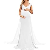 ZIUMUDY Maternity Fitted Gown Sleeveless Maxi Dress for Photoshoot Photography with Long Chiffon Train