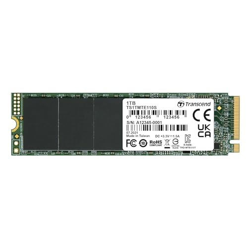 Transcend MTE110S 1TB M.2 2280 NVMe PCIe Gen3x4, 3D NAND, DRAM-less, Bis zu 1,700/1,400 mb/s, Interne SSD für Laptop und Desktop-PC