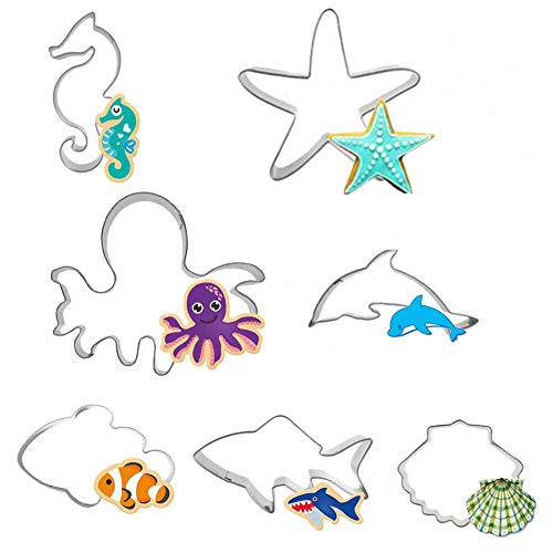 Seven Seas Ocean Cookie Cutters, Starfish, Clownfish, Octopus, Seashell, Seahorse, Dolphin, Shark, Creatures Cutter for Biscuit, Fondant, Fruit, Bread &Kids Easter Holiday Set, 7PCS