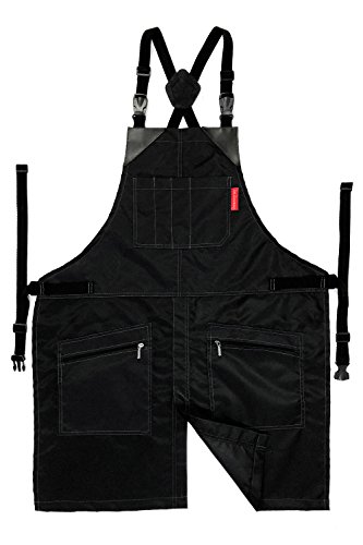 Under NY Sky Cross-Back Barber Black Apron â€“ Heavy-Duty Nylon, Water and Chemical Resistant, Zipped Pockets, No-Tie, Split-Leg â€“ Adjustable for Men, Women â€“ Pro Hair Stylist, Salon, Colorist, Artist