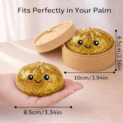ORCHID M® Big Glitter Dumpling Squishy，Glitter Steamer Dumpling Stress Relief Ball - Sparkle Filled Sensory Squeeze Tool,Cute Adorable Soft Silicone Squeeze Toy (Golden)