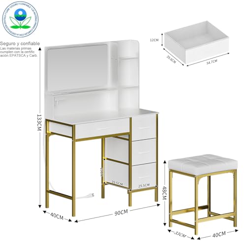 Tocador,Vanity tocador grande con 4 cajones en cuero blancos,Tocadors Vanity con Espejo , Con toma de corriente,con 1 cuero taburete tapizado, Ideal para Recámara, Sala de Estar, Vestidor 90x40x133CM