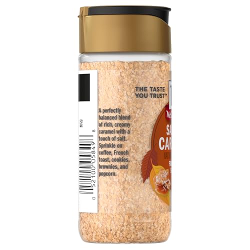 MCCORMICK FINISHING SUGAR, SALTED CARAMEL, RICH, CREAMY CARAMEL WITH A TOUCH OF SALT, ADD TO WARM BEVERAGES, SPRINKLE ON TREATS & SNACKS, NO COLORS FROM ARTIFICIAL SOURCES, 3.81 OZ
