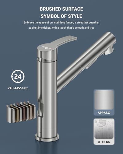 APPASO Kitchen Faucet, Brushed Nickel Kitchen Mixer Tap with Pull Down Sprayer 2 Modes, Single Handle Low Arch Bar Sink Faucet 1 Hole, S304 Stainless Steel No Rust