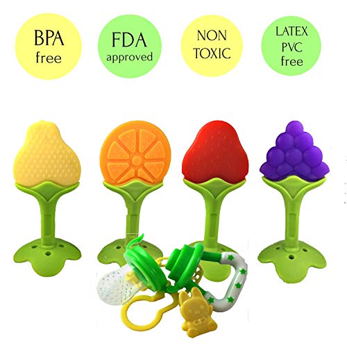 Baby World Baby Teether, Happy Baby Teething Toys, Baby Teeth, Fruit Teether, BPA Free Soft Silicone Baby Teether Toys Baby Fruit Freezer Teether with Free Baby Food Feeder and Clip