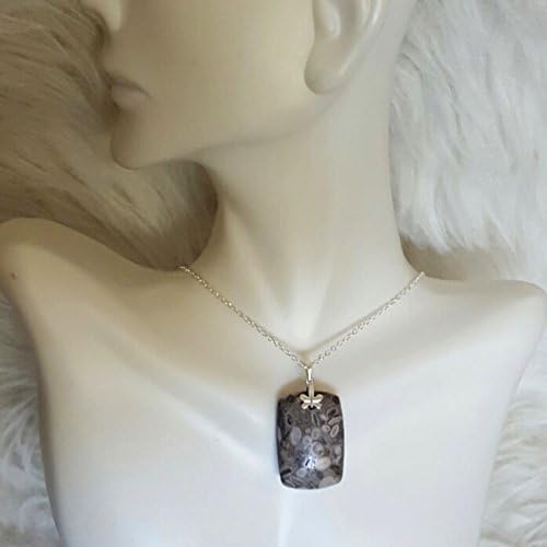 Fossil Jasper Semi-Precious Stone Sterling Silver 925 Square Pendant Necklace 18"