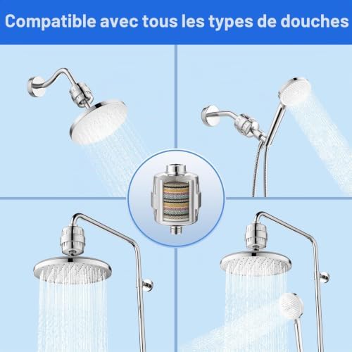 Filtre de Douche Universel, Purificateur d'Eau à 15 Étapes avec Vitamine C, Adoucisseur d'Eau Anti-Chlore et Métaux Lourds, Soin de la Peau et des Cheveux, Compatible avec G1/2'' de Douche