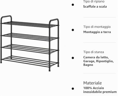 FANHAO Enhanced 4 Tier Stainless Steel Shoe Rack, Shoe Rack Organizer for 12-16 Pairs of Shoes, for Living Room, Wardrobe, Hallway, 68 x 26 x 65 cm (Matt Black)