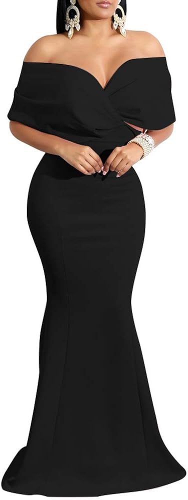 GOBLES Women Sexy V Neck Off The Shoulder Evening Gown Fishtail Maxi Dress at  Women’s Clothing store