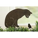 Metall Gartenstab Katze dunkelbraun (Katze mit Vogel ca.39x30cm)