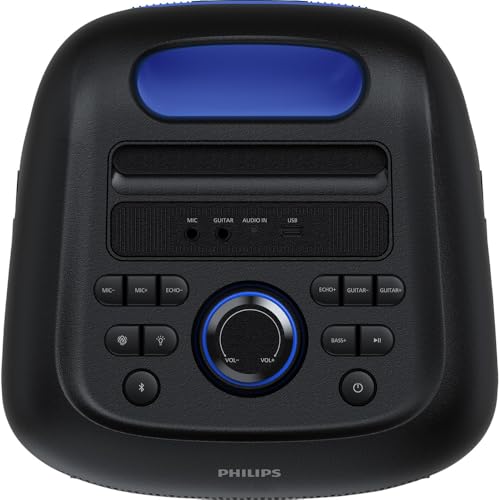 PHILIPS, Caixa de Som Bluetooth Party Speaker, TAX4000/78, com Luzes LED, entradas USB, Auxiliar, Microfone/Guitarra e Alça para Transporte