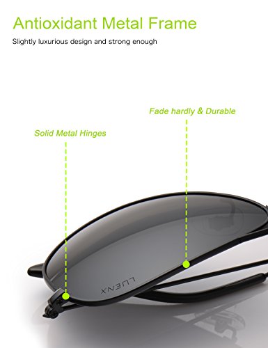 LUENX Aviator Sunglasses Polarized Mens Womens Black Lens Black Metal Frame 60mm
