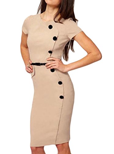 WANSHIYISHE Womens Short Sleeve Solid Crew Neck Button Office Midi Pencil Dress Apricot US XL