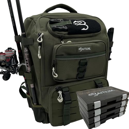 Baitium Fishing Backpack, Tackle Bag With Rod Holders, 40L Capacity With Cooler, Rain Cover, Insulated Pocket, 4 Tackle Trays Included (Green)