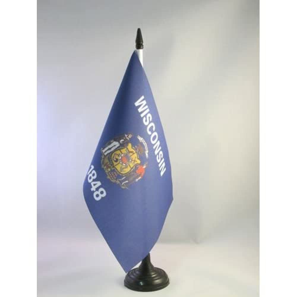 AZ FLAG Wisconsin Table Flag 5'' x 8'' - US state of Wisconsin Office Decoration 100% Polyester 21 x 14 cm - Mini Desk Flag with Pole and Black Plastic Base