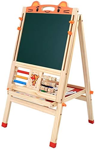Kids Children's Wooden Sided Board Table Easel 3 in 1 Wooden Kids Easel Double-Sided Magnetic Drawing Board Whiteboard & Chalkboard Dry Easel with Drawing axis & Paper Roll, Bonus Magnetics, Numbers,
