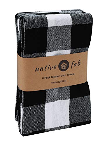 Native Fab 100% Cotton Kitchen Dish Towels 16x26 Set of 6 - Absorbent Tea Towels, Dish Cloths, Restaurant Cleaning Towels, Gingham Check Buffalo Plaid Kitchen Towels with Hanging Loop, Black White