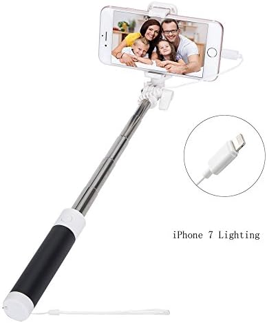 Selfie Stick Extendable Monopod With Mirror Reserved For IPhone 7 7Plus 6s 6 Plus 5s Se 5C Lighting Interface(but could not use for iphone 8 8plus x) (Black-iPhone Lighting)