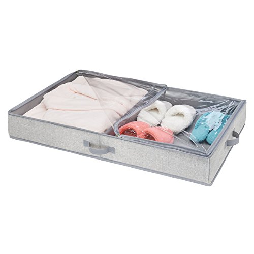 mDesign Fabric Under Bed Storage Organizer for Clothing, Linens, Accessories - Pack of 2, 2 Compartments, Gray