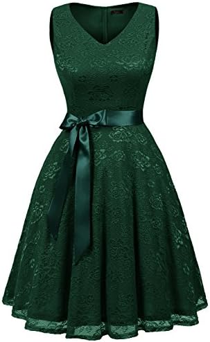 IVNIS Women's Short Bridesmaid Dress V Neck Vintage Floral Lace Swing Cocktail Dress