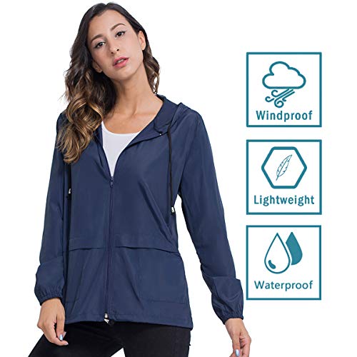 Women Rain Jacket Hooded, Zipper Waterproof Active Outdoor Windbreaker Raincoats Lightweight XXL Navy Blue