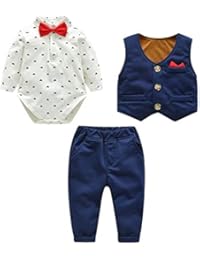 famuka Baby Boy 3 Piece Formal Outfit Suit with Bows Waistcoat Gentleman Tuxedo (Navy 1, 9-12 Months)