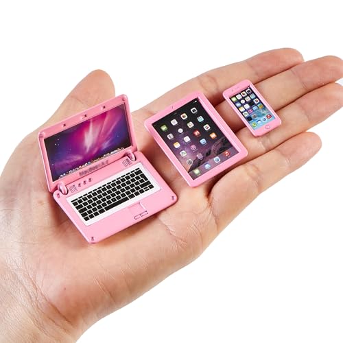 Dollhouse Laptop Accessories, 1/12 1/6 Scale Minature Tablet Smart Phone Mini Stuff Doll House Furniture Play Set Accessories 3 Pcs (Pink)