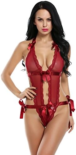 Kancystore Womens Halter Sexy Lace Babydoll Bow Satin Teddy Lingerie One Piece Nightwear