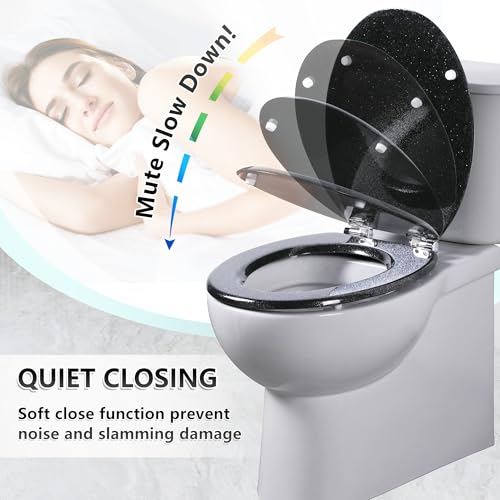 Angel Shield Glitter Toilet Seat Molded Wood Toilet Seat, Quiet Close with Quick Release Adjustable Hinges 45x37cm Oval, Fits EU Bottom-Mount Toilets (Black Glitter)