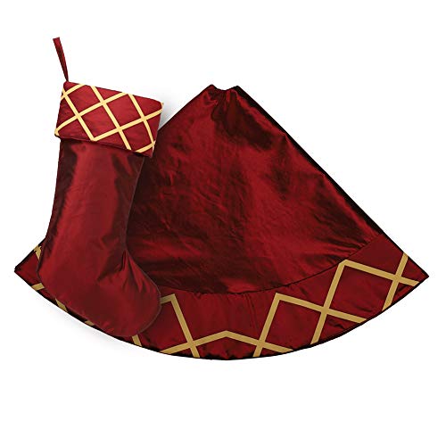 ExcMark 48 inch Burgundy Christmas Tree Skirt with Gold Plaids and Check Trim