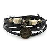 Lucky Handmade Natural Constellation Zodiac Sign Logo Genuine Real Leather Bracelet with Charms, Beads, Button, Adjustable Size, Gift for Him or for Her, Unisex (Pisces - Black Leather)