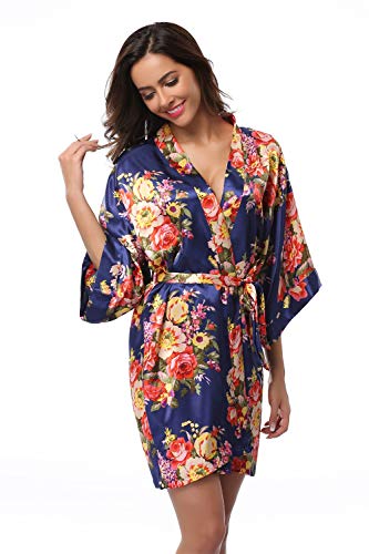 Women's Bridesmaid Robe Short Floral Wedding Kimono Robe Satin Floral Kimono Bathrobe for Bridal Wedding Party Navy M