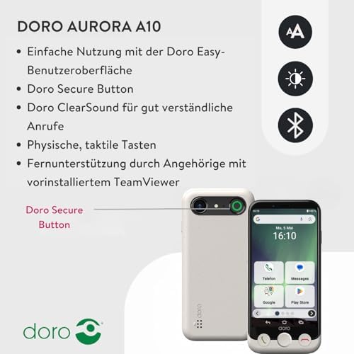 - Aurora A10 Mobiltelefon - Senioren-Smartphone - Einfach zu bedienen - Assistenz-Taste mit GPS-Ortung - Hörgeräte-kompatibel - Inklusive USB-Kabel - Weiß